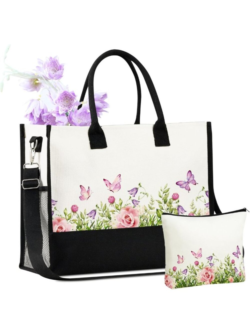 Butterfly Canvas Tote Bag for Women - Zipper Closure, Shoulder Strap, Perfect